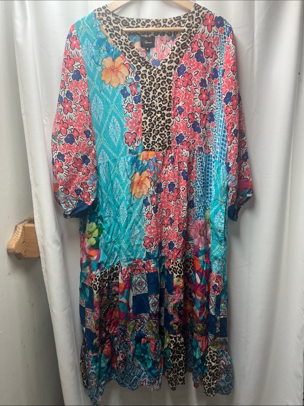 Shana Viscose Silk Pink Blue Multicolor Floral Animal Patchwork Midi Dress- M
